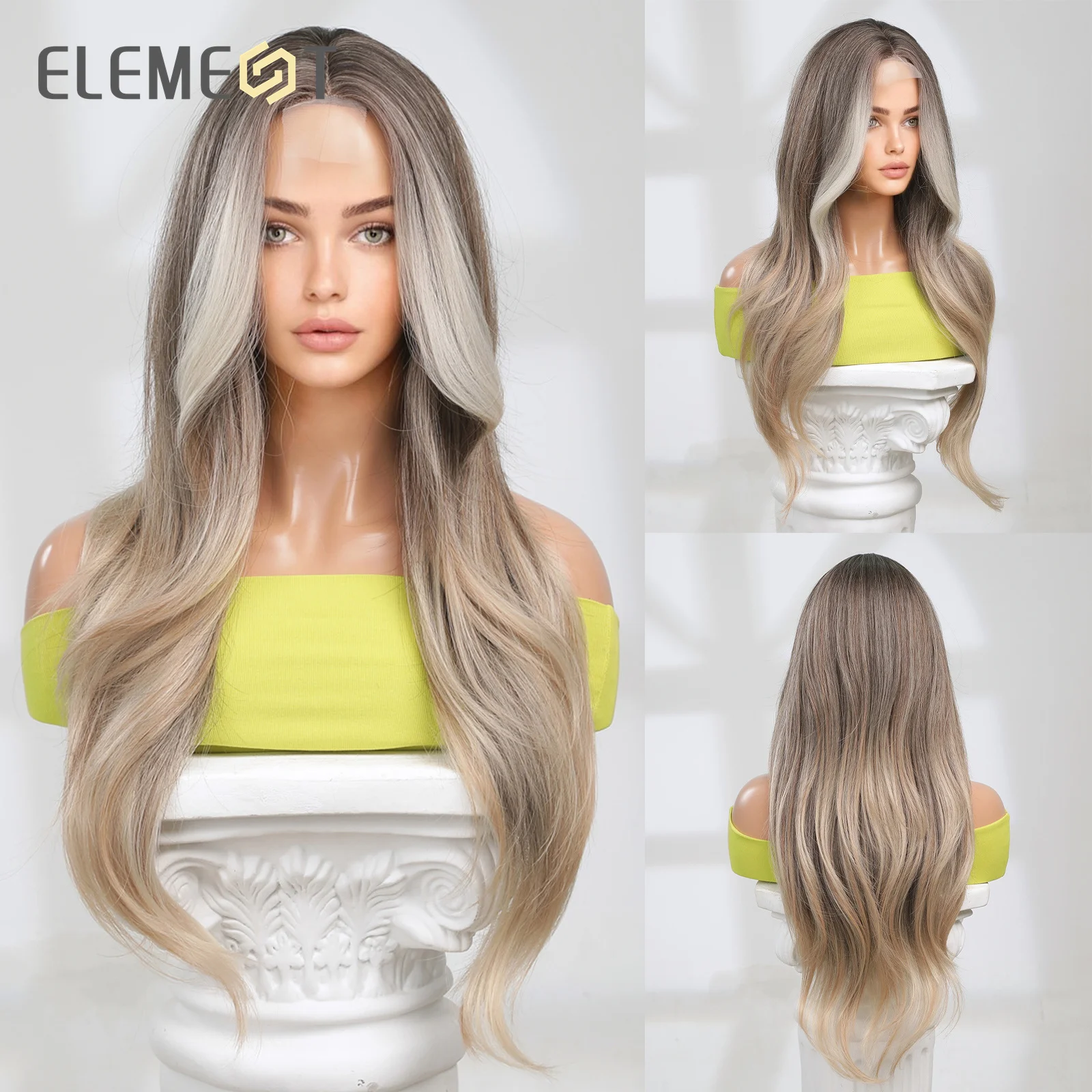 

ELEMENT Elegant Front Lace Synthetic Wig Long Wavy IOmbre Brown with Highlight Hair Wigs for Women Ladies Daily Party Natural