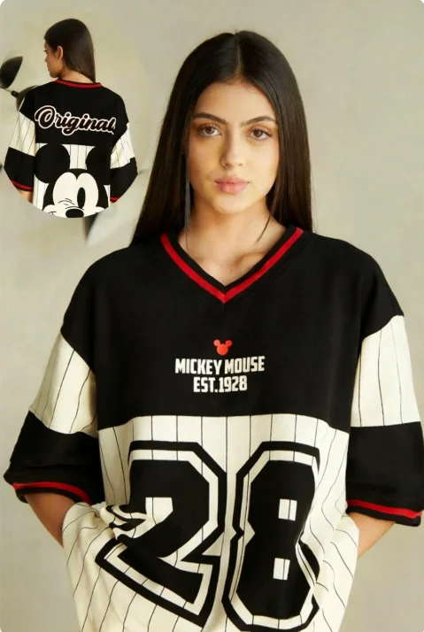 

Футболка-джерси Disney Mickey Oversized 2026 с 3D-графикой, модная универсальная спортивная одежда, женский топ с V-образным вырезом в полоску