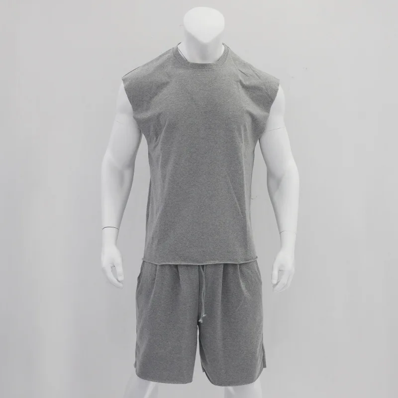 Summer Sleeveless Sports Suit Casual Shirt Two-piece Men T-Shirts Oversized Gym Bodybuilding Short Sleeve Tees Tank top T-shirt