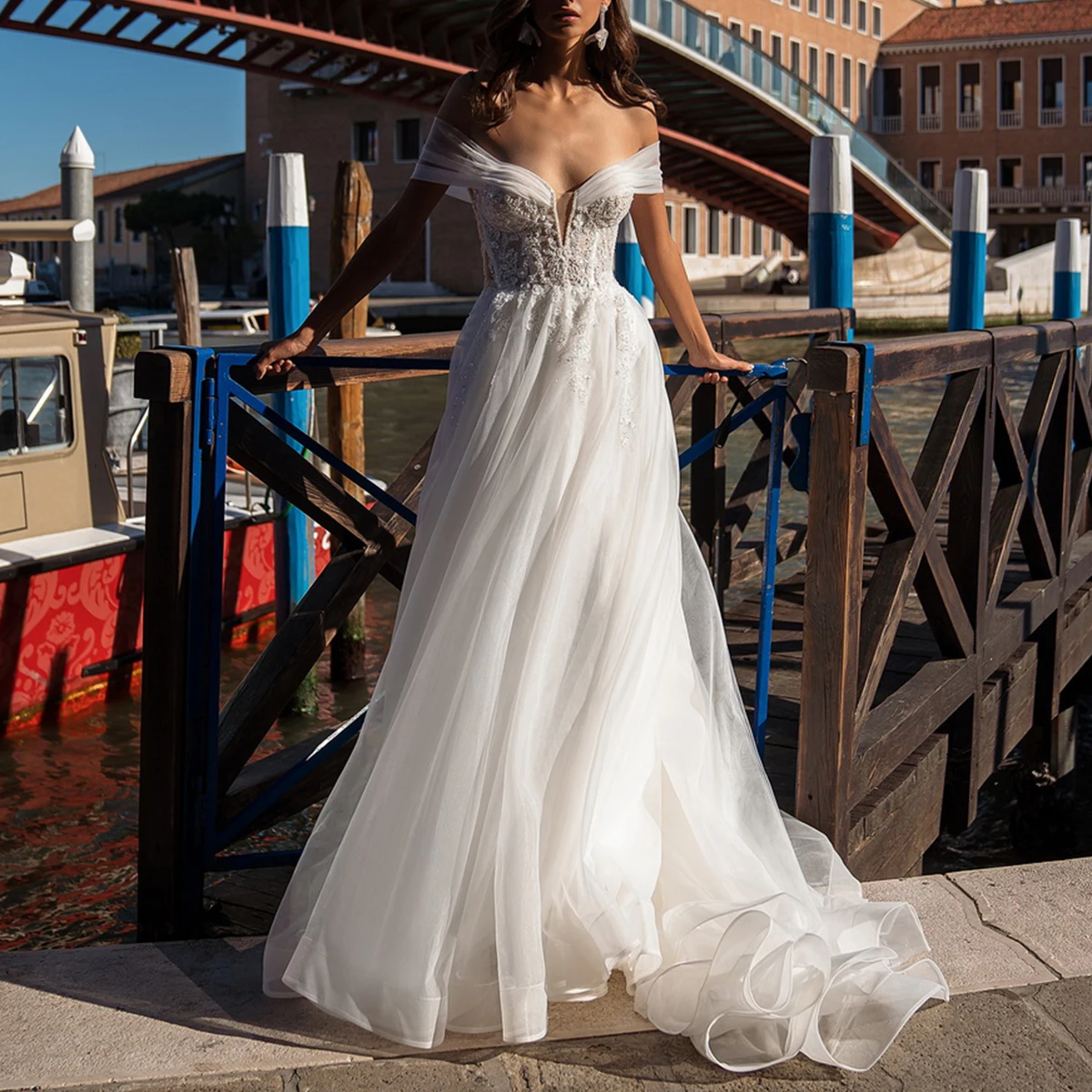 

Luxury Off Shoulder Beaded Ball Gown Wedding Dresses For Women Long Tulle Puffy Backless Bridal Gown For Bride Vestidos Novia