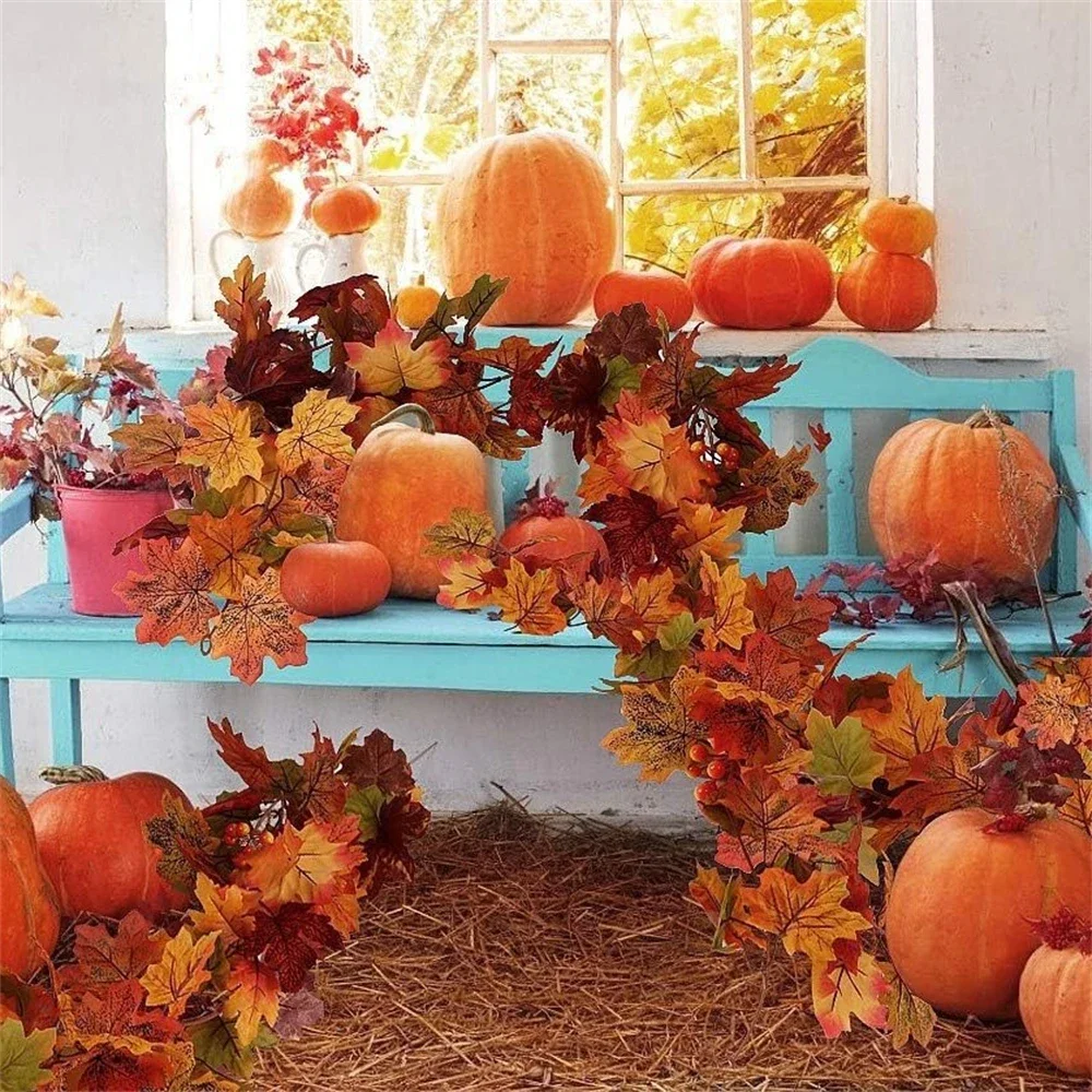 

1.8M Artificial Fall Maple Leaf Garland Fake Plants Autumn Decor Leaves Vine for Thanksgiving Halloween Festivals Wedding Decora