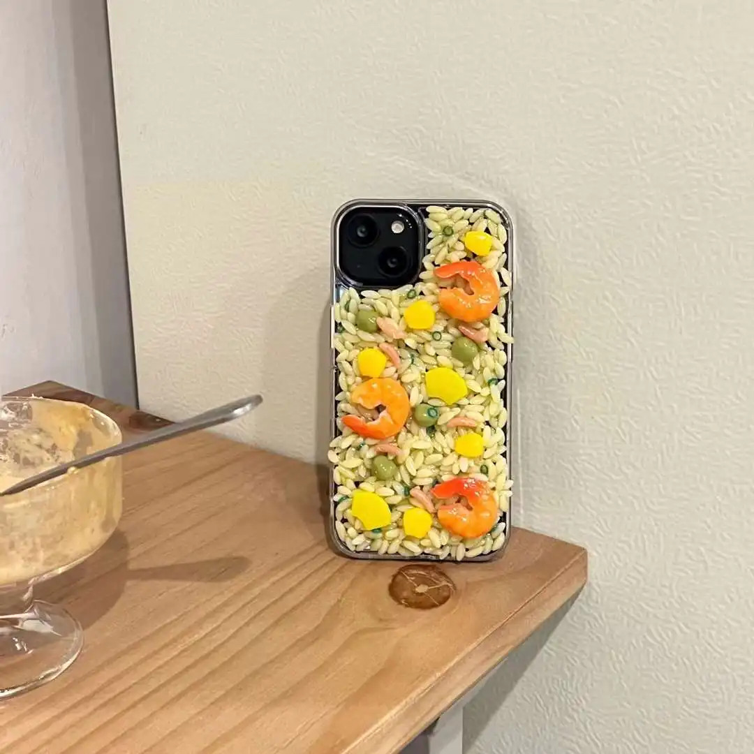 Korean ins Cute 3D Rice and Shrimp Collocation Phone Case For iphone 15 14 13 Pro 12 11 Soft Epoxy Silicone Cover Coque