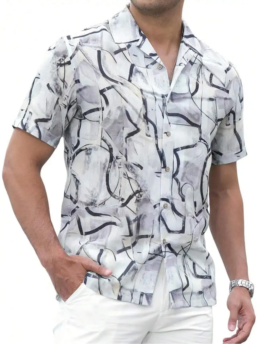 

Mens Linen Cotton Short Sleeve Casual Shirt With Geometric Print