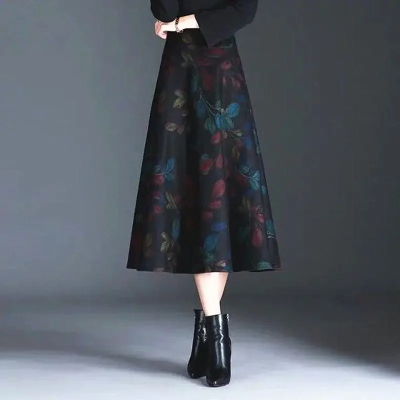 2024 Autumn Winter Women New Printed Woolen Half Length Skirt High Waist Mid  Versatile A Line     C55