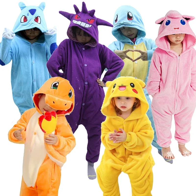 Pokémon Anime Jumpsuit for Kids Flannel Gengar Pikachu One-piece Home Wear Cartoon Cosplay Costume Thickened Warm Pajamas