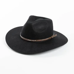 Wide Brim 100% Australian Wool Felt Fedora Hat for Men with Rivets PU Belt