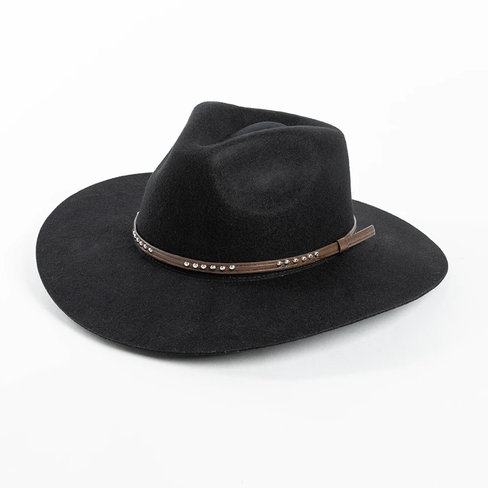 Męski kapelusz Fedora z szerokim rondem, wykonany w 100% z wełny australijskiej, z paskiem z PU i nitami