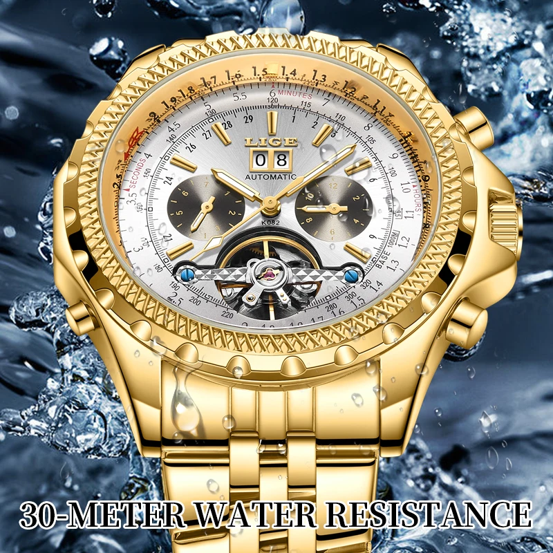 LIGE Luxury Gold Mens Watches Hollow Tourbillon Mechanical Watch Waterproof Luminous Calendar Stainless Steel Automatic Clock