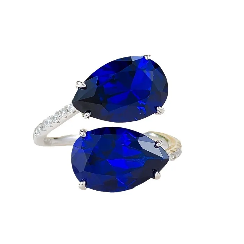

S925 Silver Ring Water Drop 3 Carat Blue Spinal Crystal 8 * 12 Open Ring