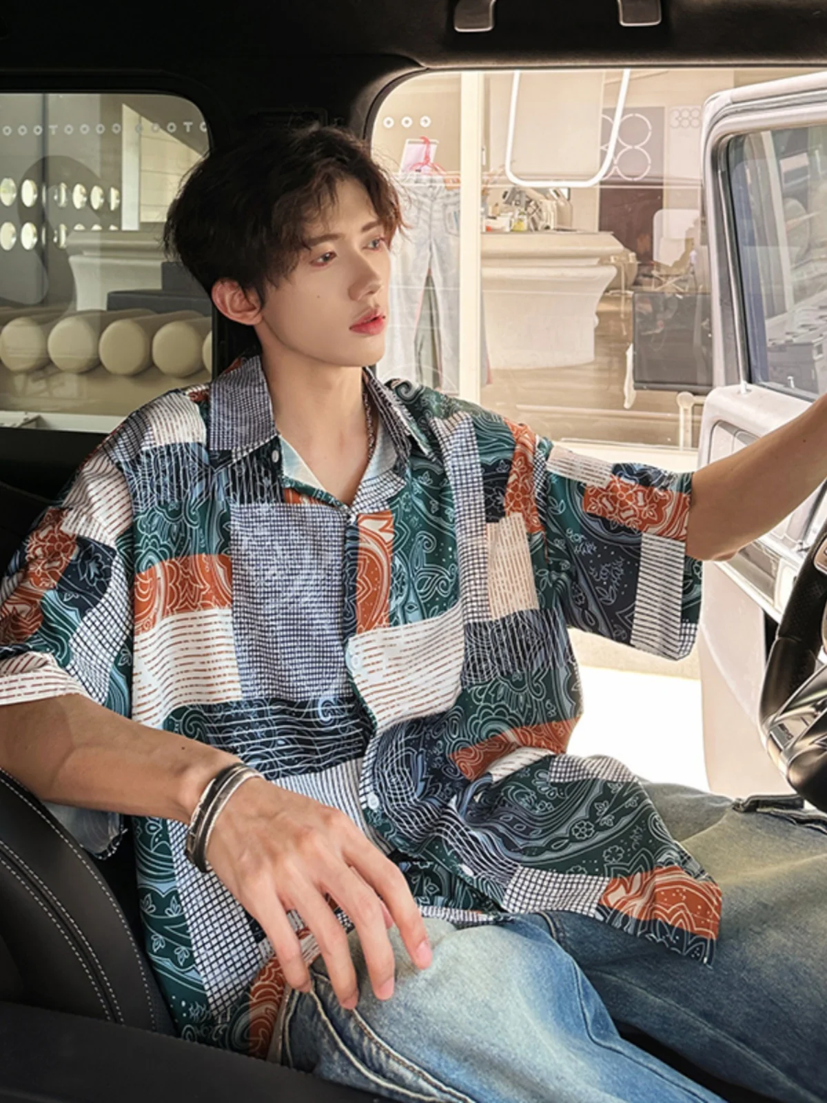 

Мужская летняя рубашка из американского ретро-шелка с коротким рукавом, новинка 2024 года, в клетку и с цветочным принтом, Haome, премиум-класс, верхняя одежда