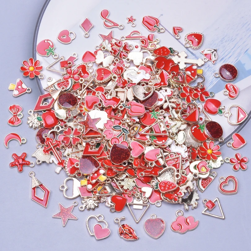 10/30/50pcs Mix Red Enamel Charms Heart Moon Star Charms Drop Oil Animal Flower Fruit Pendant For Jewelry Making DIY Accessories