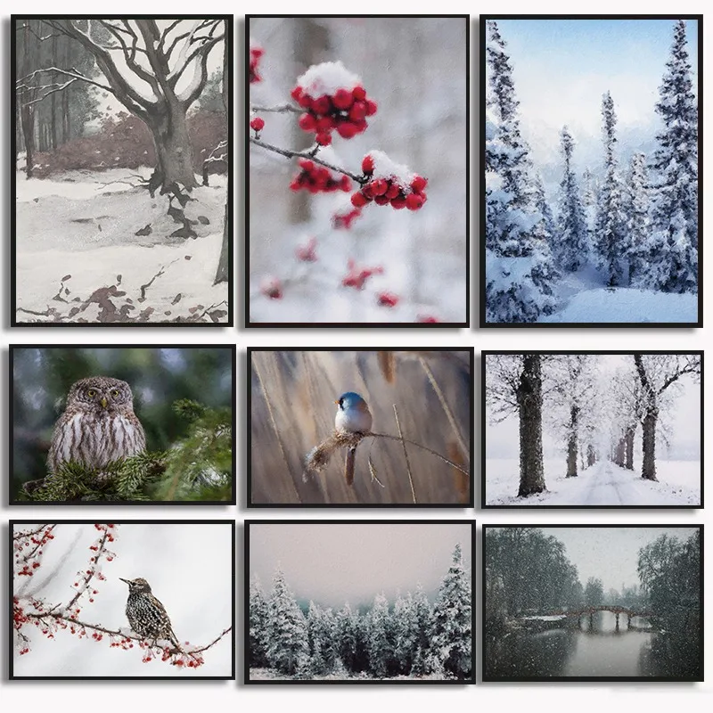 Tranquilité d'hiver, impression artistique, branche de baies d'oiseau tacheté, route doublée d'arbre, tons neutres, peinture, décoration murale de ferme, salon
