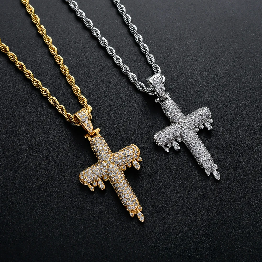 

Хип-хоп рэп капля воды крест кулон ожерелье латунь полный циркон унисекс аксессуар