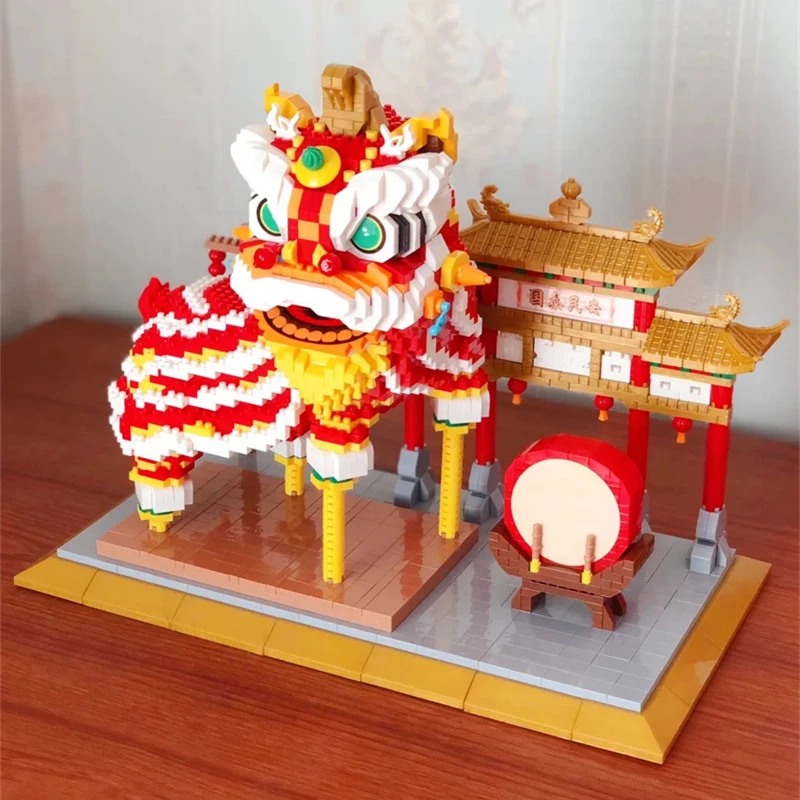 

Chinese culture series building block lion dance model awakening figure kawaii children's educational assembly toy