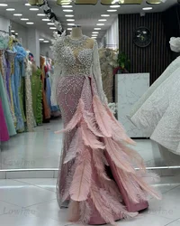 Pink Feathers Mermaid Prom Dress Tassel Crystals Luxurious Evening Celebrity Dresses Customized Party Second Reception Gowns
