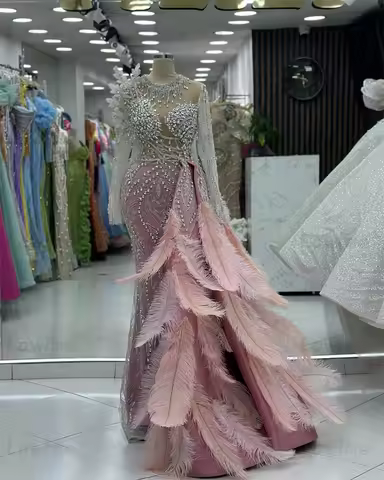 Pink Feathers Mermaid Prom Dress Tassel Crystals Luxurious Evening Celebrity Dresses Customized Party Second Reception Gowns