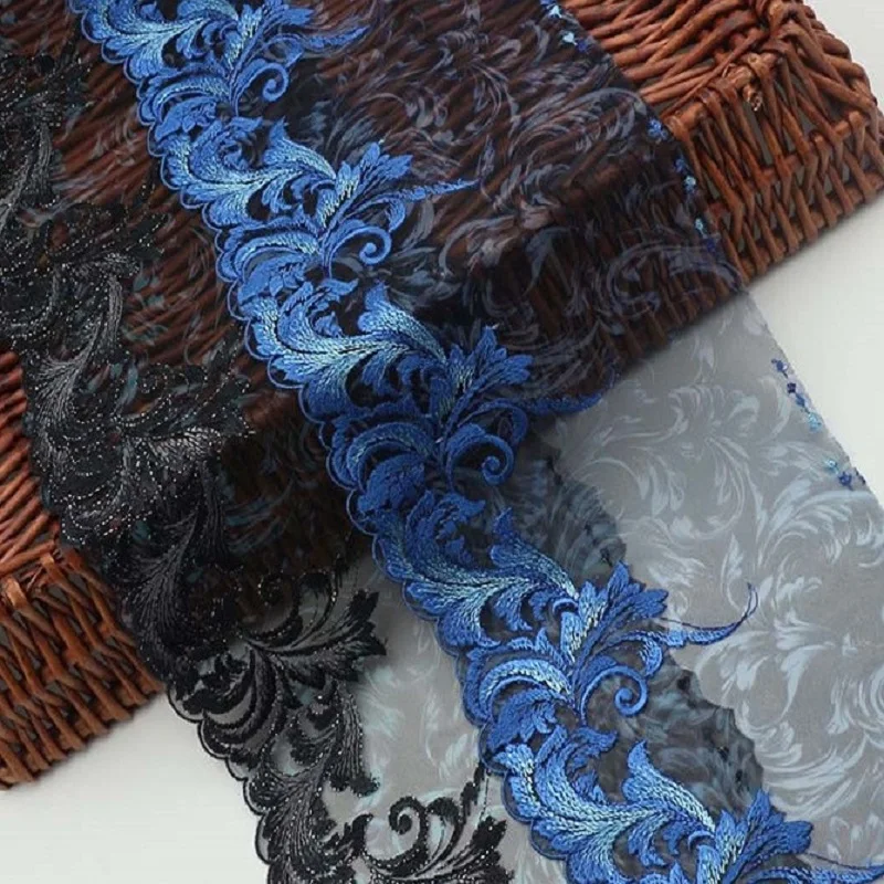 2-15Yds/Lot 18cm Wide Transparent Black Gazue Fluorescent Blue Wavy Style Embroidery High Quality Lace Trim For Garments,Wedding