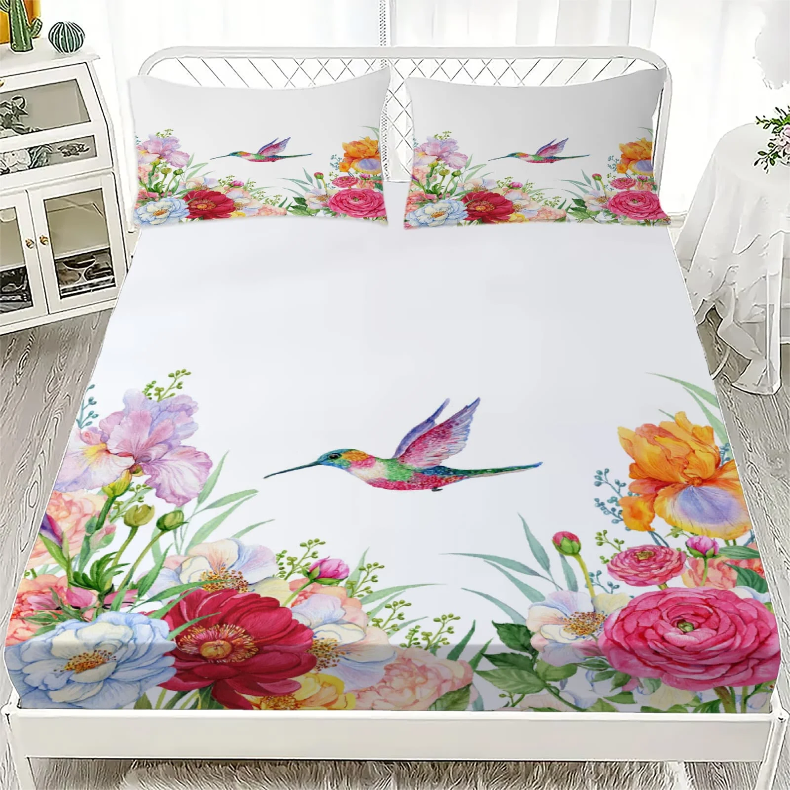 1 Stück Wasserfarben-Kolibri-Blumenmuster Spannbettlaken mit Tiefen Taschen und Gummizug für Einzel-, Doppel-, Queen- und King-Size-Matratzen – Schlafzimmerdeko