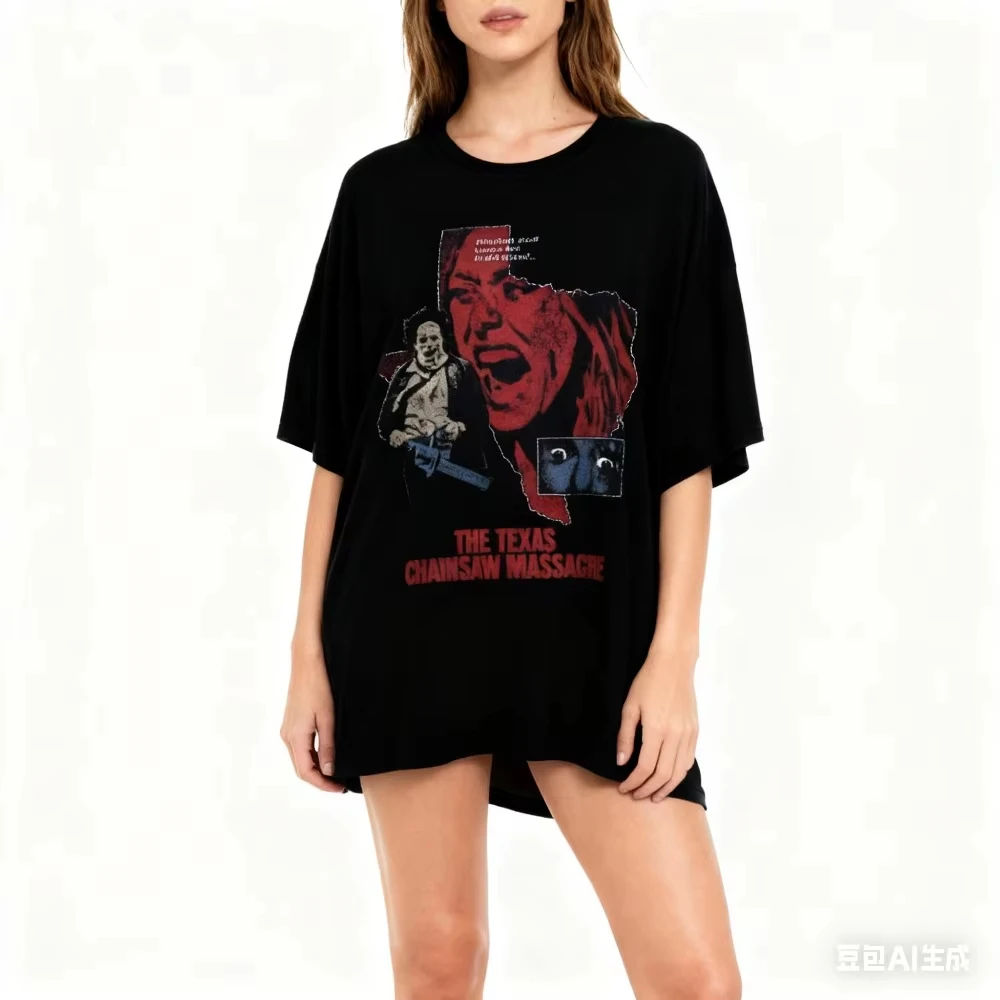 Retro Texas Chainsaw Killer T-shirt, 90s Horror Movie Theme T-shirt, Printed Pattern T-shirt, Popular Street Wear