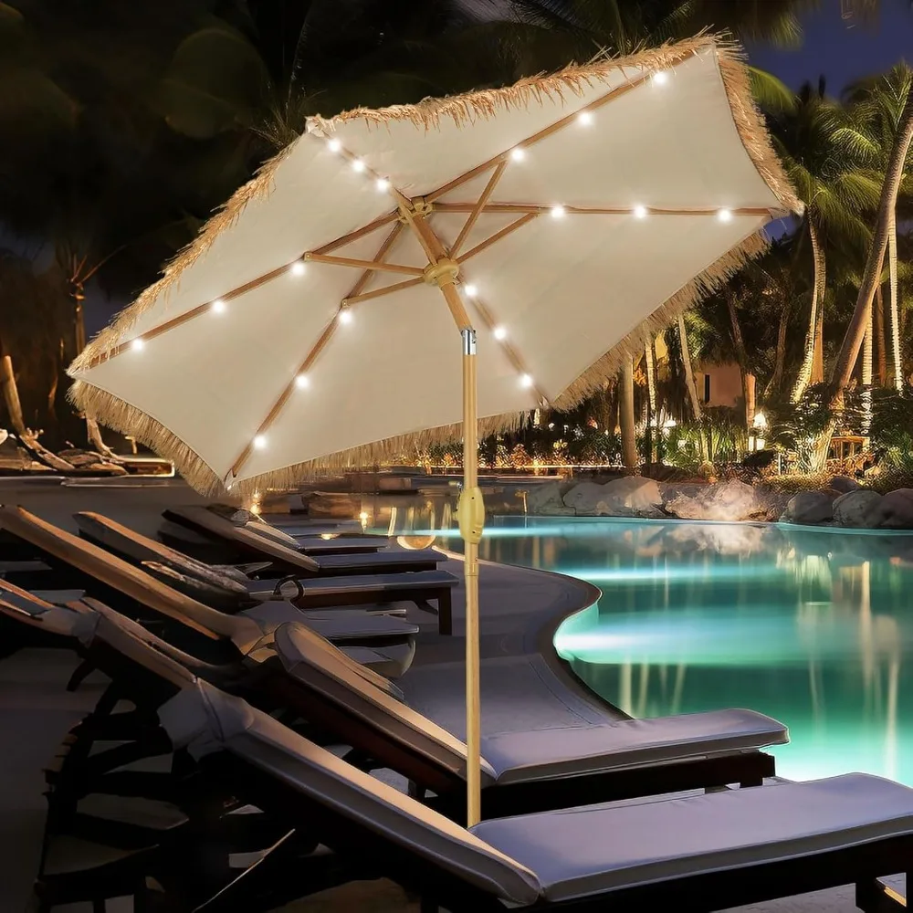

7.5 ft Tiki Patio Umbrella with18 LED Ligths, Hula Thatched Umbrella, Straw Grass Umbrella, Pool, Patio, Beach