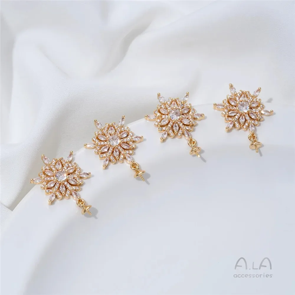 

Diy Handcrafted Earrings Accessory with 14K Zircon Inlaid Gold Snowflake Half-hole Sheep Eye Bead Holder Silver Needle Ear Stud