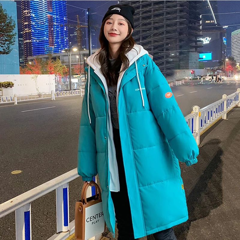 Thicken Bread Down Padded Jacket Women Outerwear Loose Hooded Warm Parka 2025 New Winter Long Down Cotton Jacket Female Overcoat