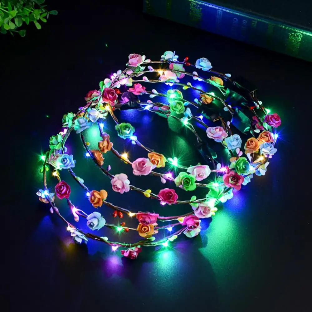 Glowing LED Light up Flower Crown Neon Party Gift Crown Bohemian Hair Band Hoops Colorful Headpiece Wedding Christmas Headband