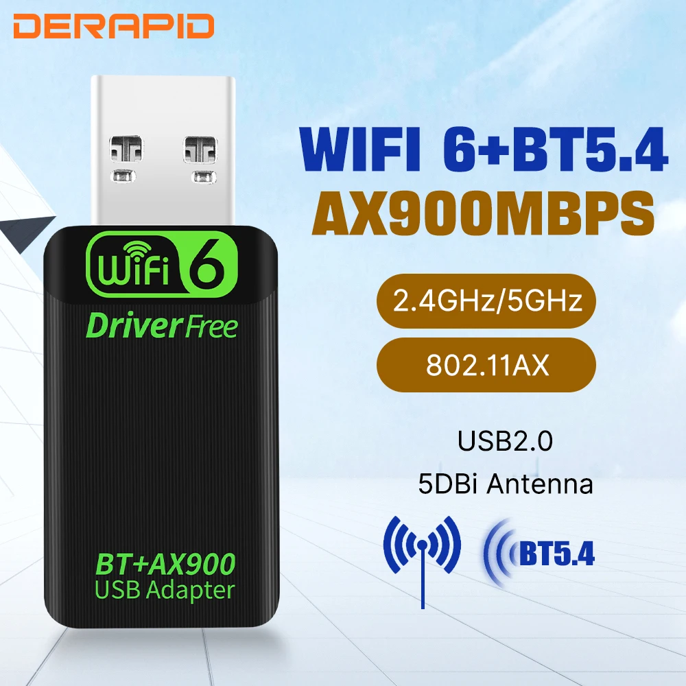 WiFi 6 AX900 Bluetooth 5.4 WiFi USB Adapter Wireless Network Card 2.4G&5GHz Wi-Fi Receive USB For PC/Laptop Win10/11 Driver Free