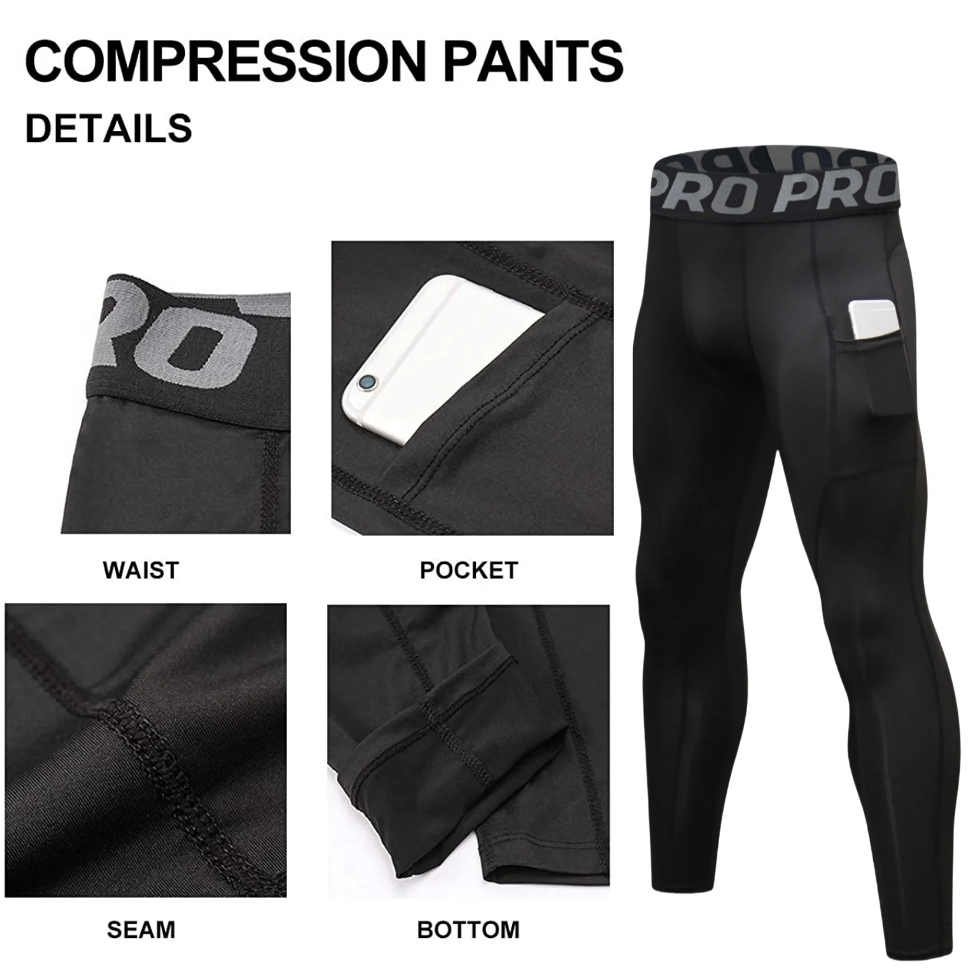 Męskie spodnie Baselayer kompresyjne legginsy do biegania legginsy z etui na telefon