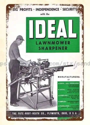 decorative wall dorm rooms 1956 Ideal Lawnmower Sharpener metal tin sign