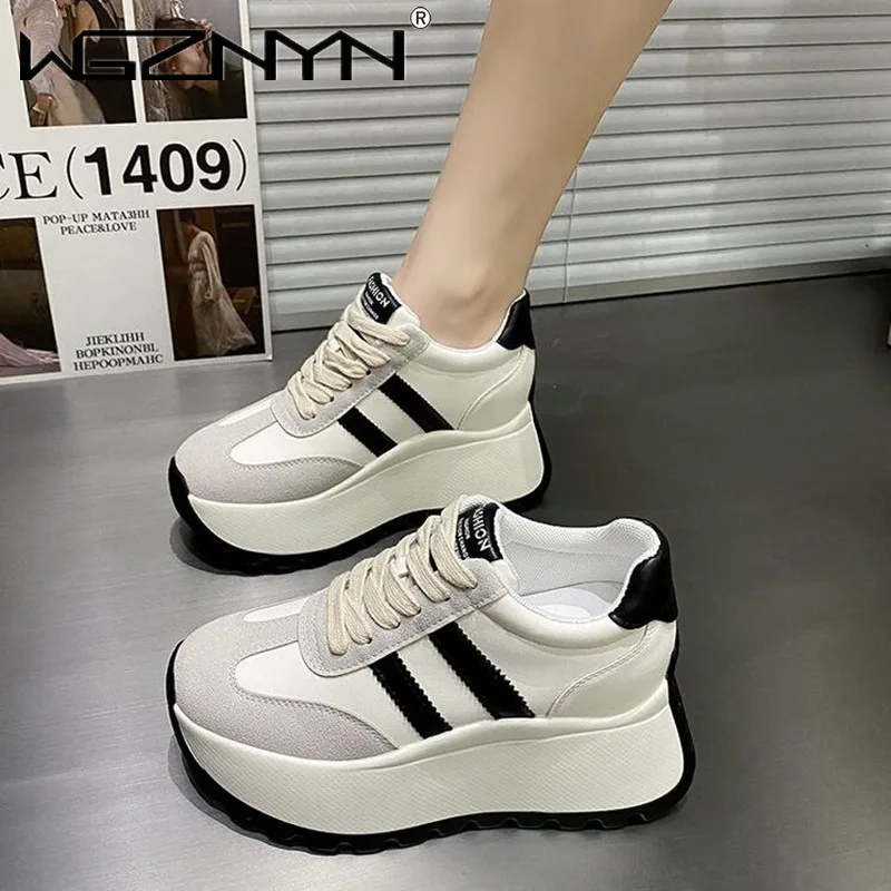 Top Quality Genuine PU Leather 7.5cm Platform Wedge Women Spring Autumn Chunky Sneakers Breathable Comfortable Vulcanize Shoes