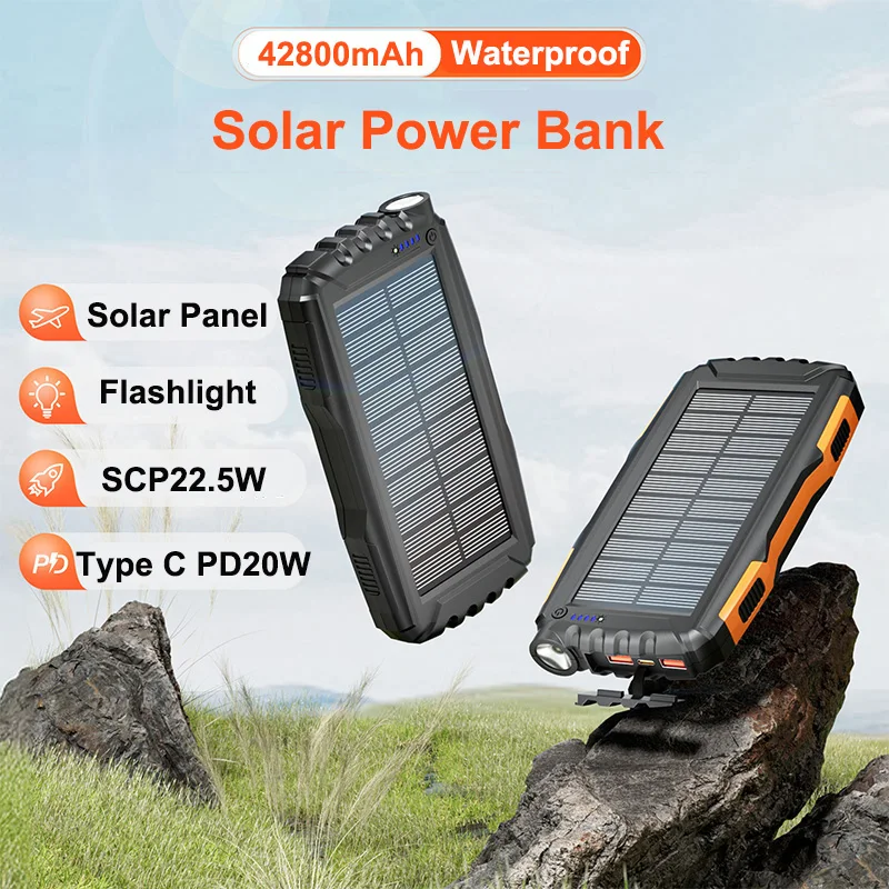 

42800mAh Solar Power Bank Waterproof Portable Charger 22.5W Fast Charging Powerbank for iPhone 16 X Samsung S25 Xiaomi Poverbank