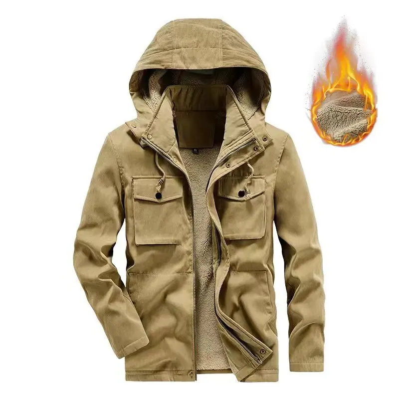 2025 Autumn Winter Men Cargo Coat Vintage Simple Solid Color Male Outerwear Long Sleeve Pocket Zipper Outdoor Man Plush Jacket