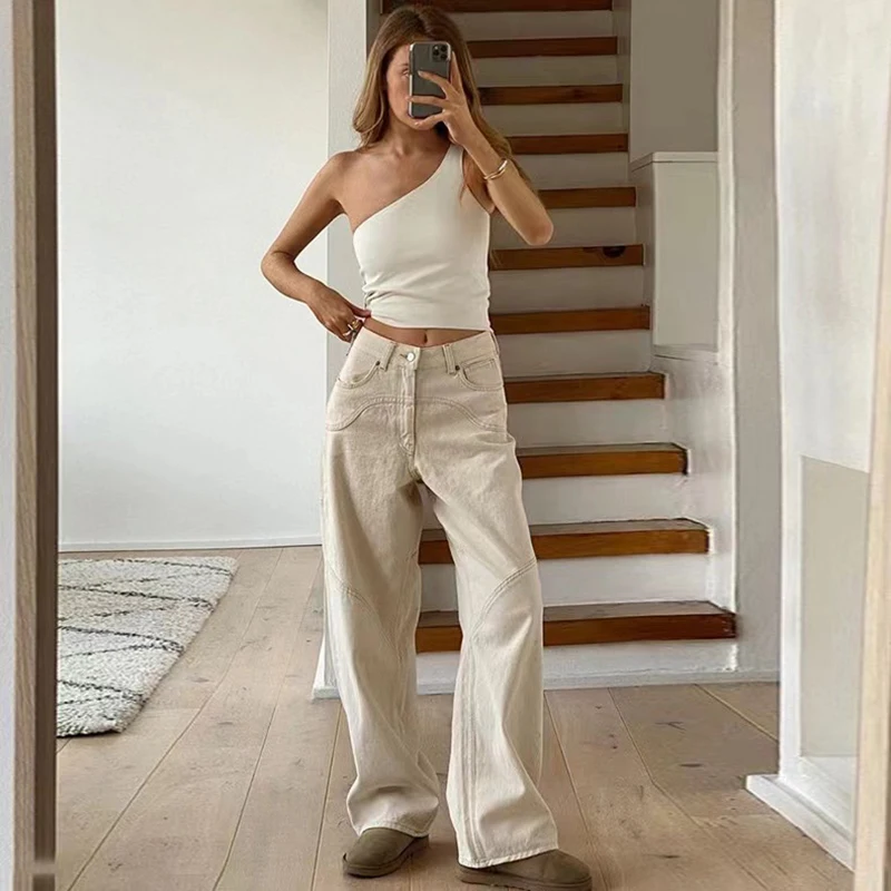 Vintage Beige High Waist Straight Jeans Women Summer Bf Loose Casual Denim Trousers Fashion All Match Streetwear Wide Leg Pants