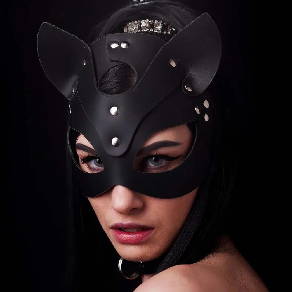 Ausgefallene Katzenmaske aus Kunstleder in Schwarz mit Ketten-Harnisch, Cosplay-Maskendesign, 1 Stück, Maskerade-Maske für Kostümfeste – Detail 3