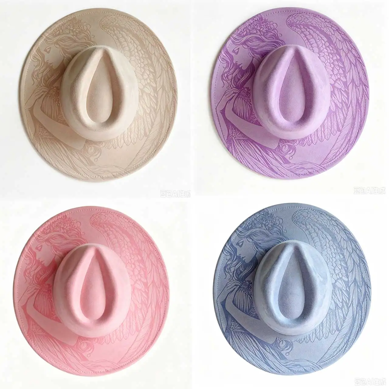 Suede  Hat Women Laser Engraved Angel Girl  Burned Wide Brim Party Caps Church hat  chapeau femme