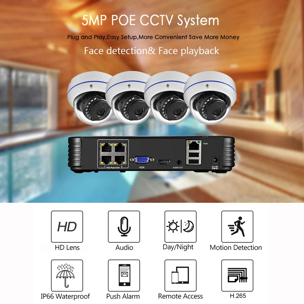 Gadinan 5MP POE Motion Detection Security NVR Kit H.265AI Outdoor Audio IP Cameras P2P Intelligent Infrared Night Vision XMEye