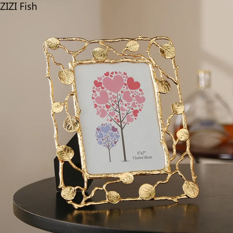Gold Leaf Framed Decorative Picture Frame Desk Decoration Family Portrait Photo Frame Alloy Photo Frames Nordic Home Decor