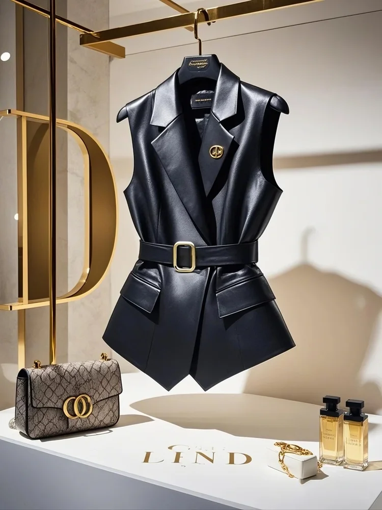 2025 new women's European and American style lapel vest dress with double breasted waistband, mid length imitation leather horse