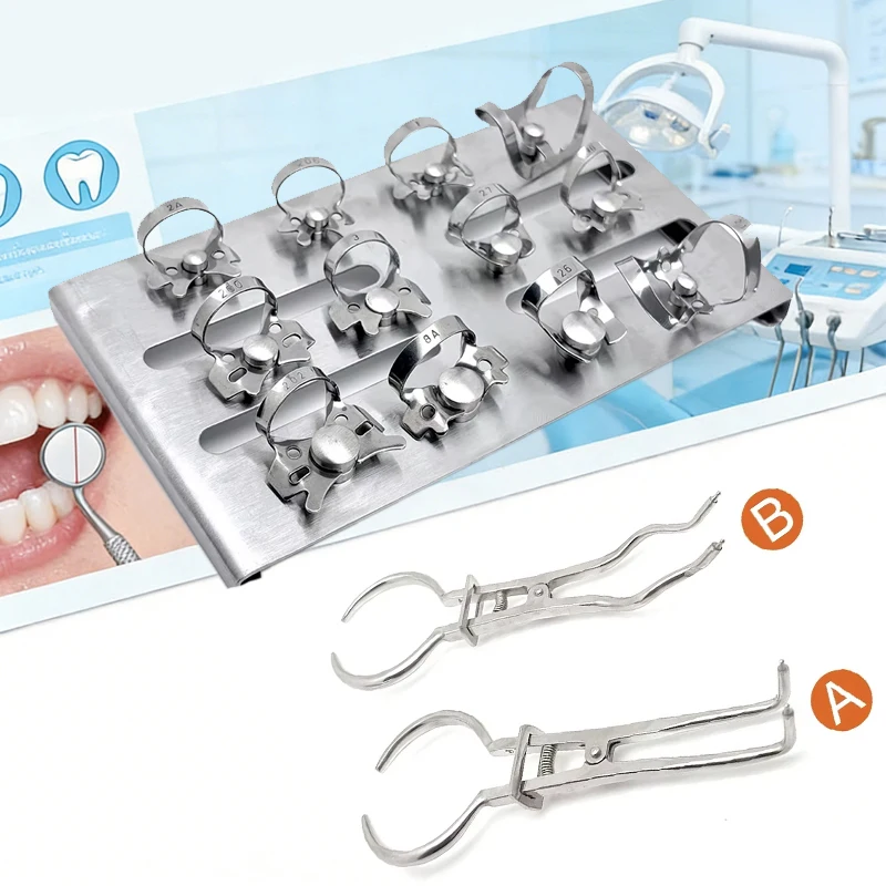 Dental Rubber Dam Clamps Kit Endodontic, Stainless Steel Clamps w/ Holder for Dental Lab