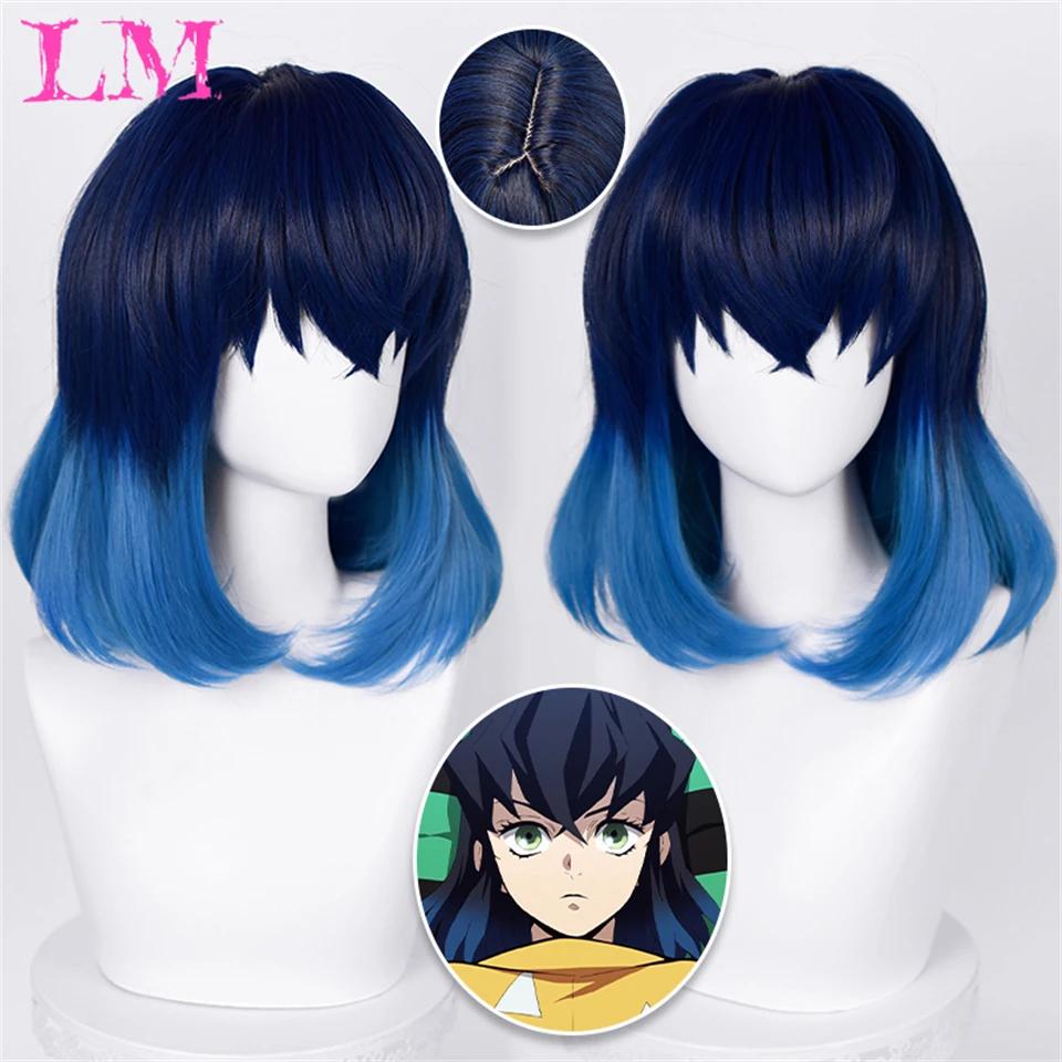 

LM Short Demon Slayer Blade Mouth Hiraizu's Cos Synthetic Straight Anime Men Black Gray Green Hair Wig for Daily Party Cosplay