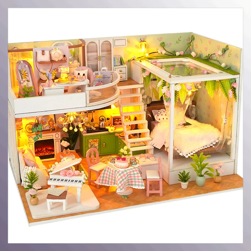 

DIY Wooden Flower Girls Loft Doll Houses Miniature Model Kits Dollhouse with Furniture 3D Puzzle for Friends Birthday Gifts