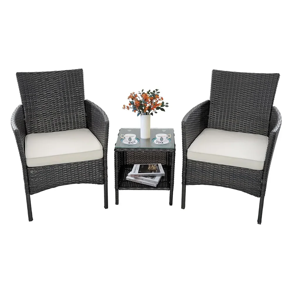 

Уличная плетеная мебель для отдыха: современный комплект из дивана, кресла с подушками и кофейного столика