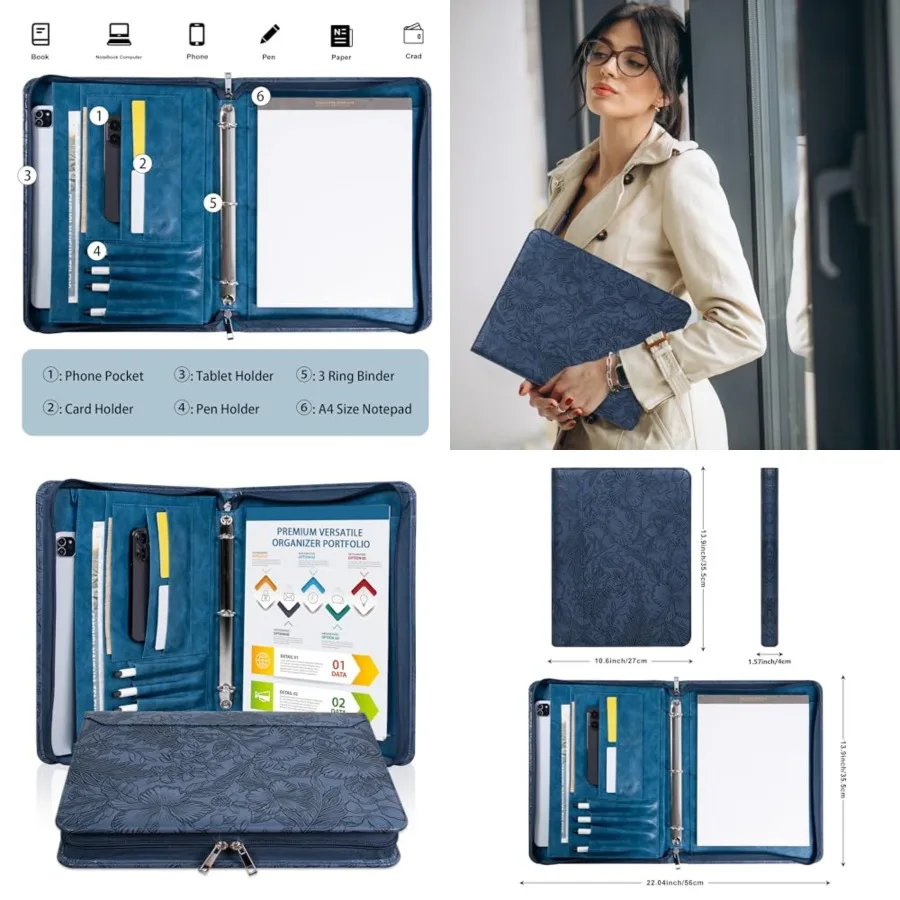 

Embossed Vegan Leather Portfolio for Women, 3 Ring Portfolio Binder with Zipper, A4 Planner Binder with Laptop Pocket, Padfolio