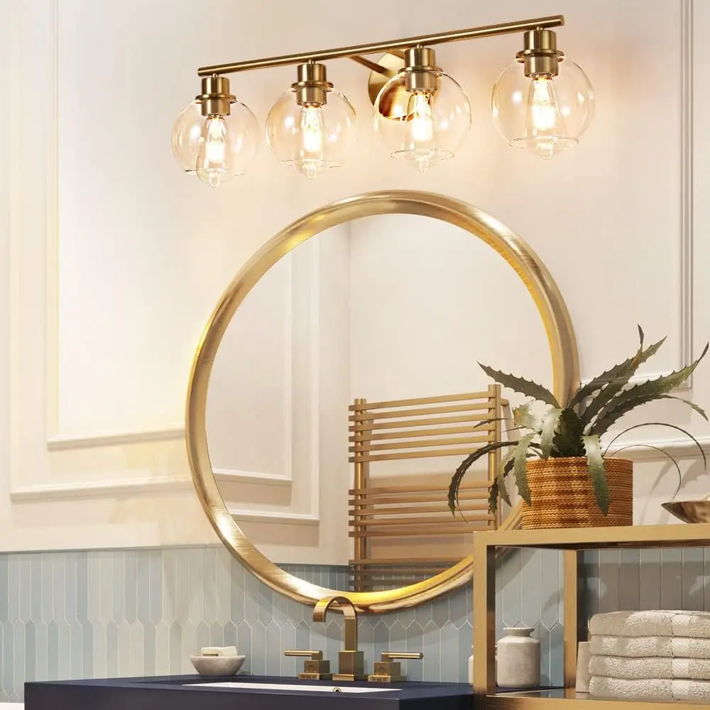 4Light Gold  Light Industrial Wall Sconce Over Mirror Bathroom Vanity Light with Glass Shades 29.5 inch Vanity Lights