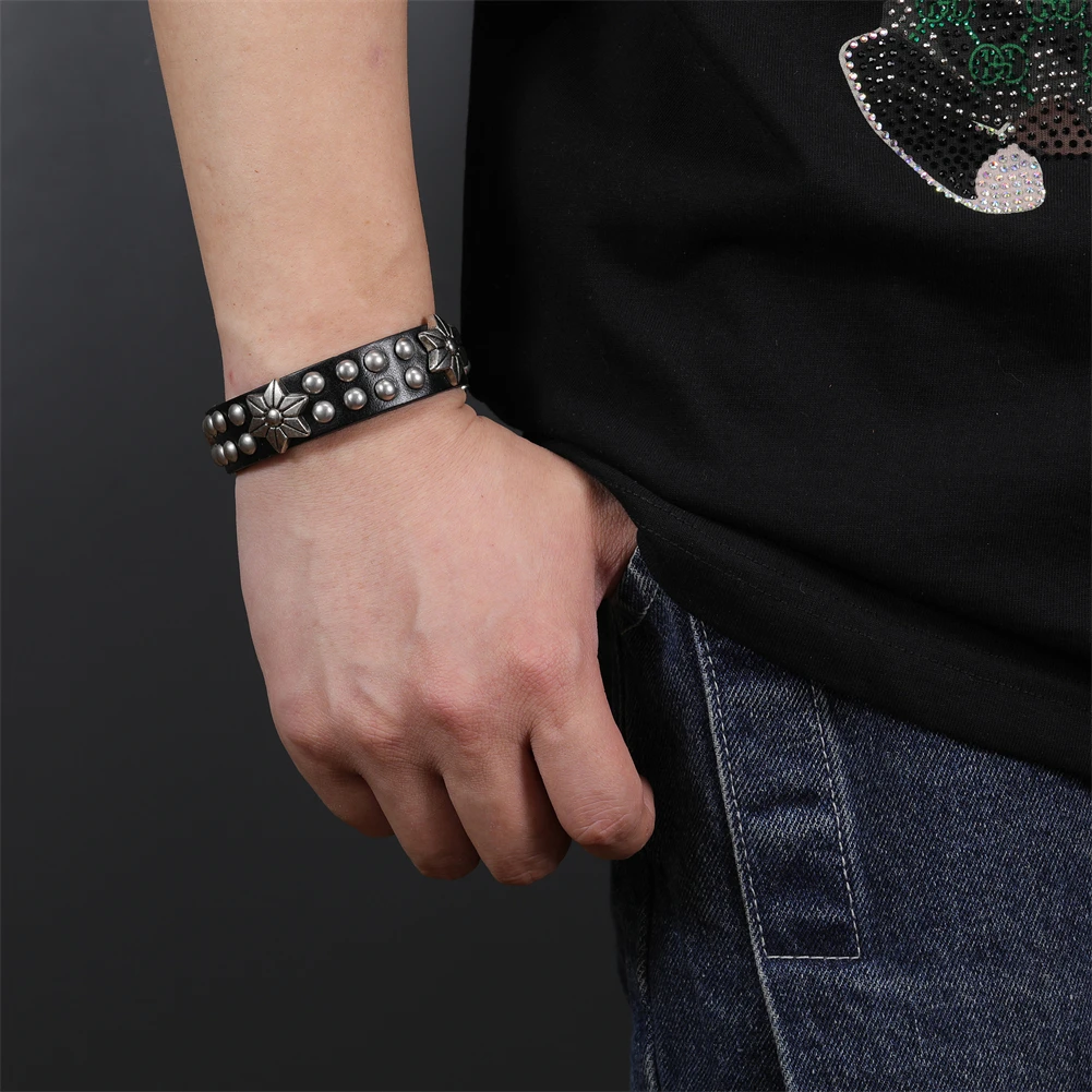 2024 Trend Jewelry Handmade Weave Genuine Leather Bracelet Men Vintage Cuff Wide Leather Star Bracelet Pulsera Hombre