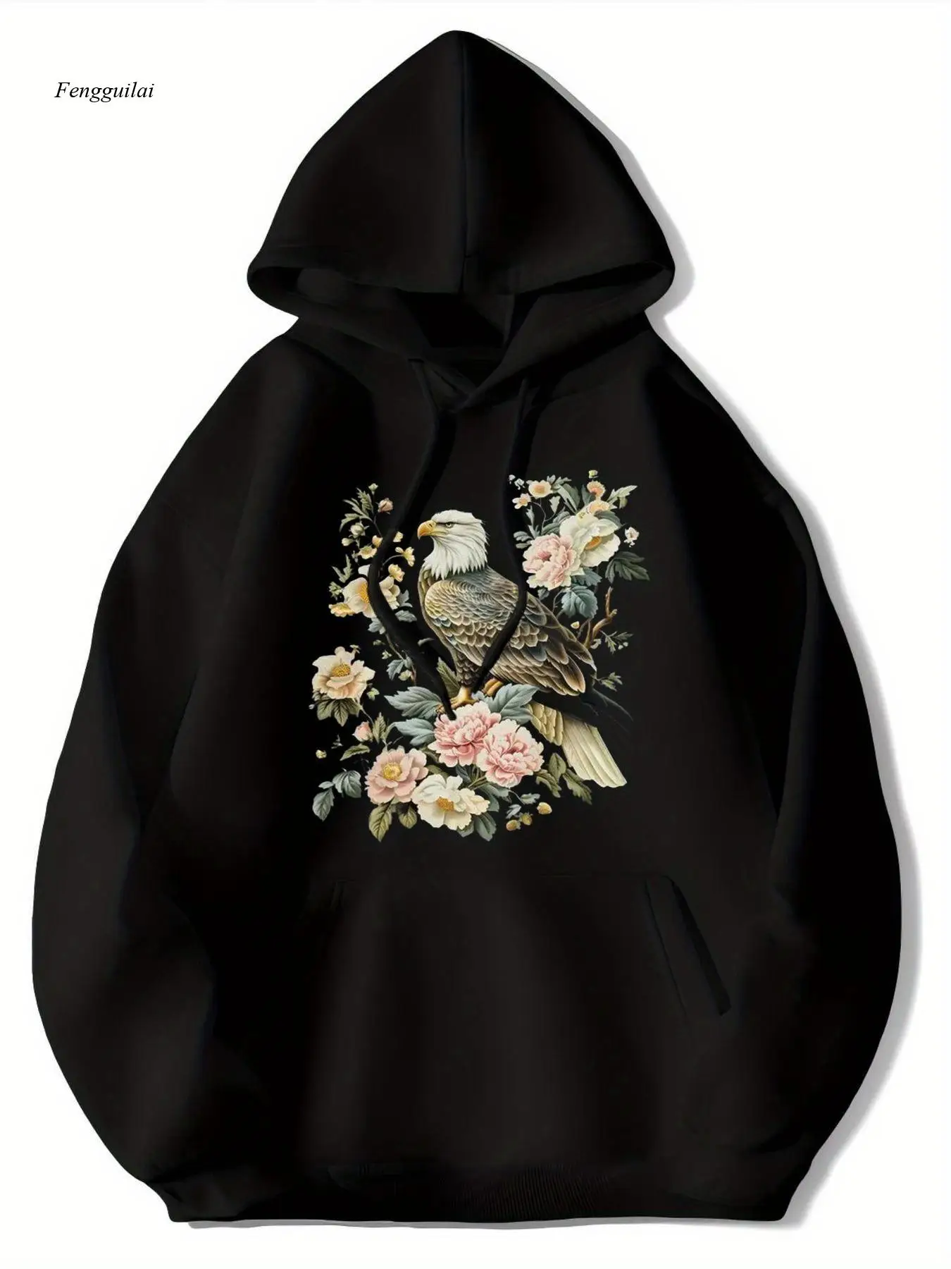 

Толстовка с орлом и цветочным принтом — черный пуловер с капюшоном на шнурке, мягкая флисовая подкладка