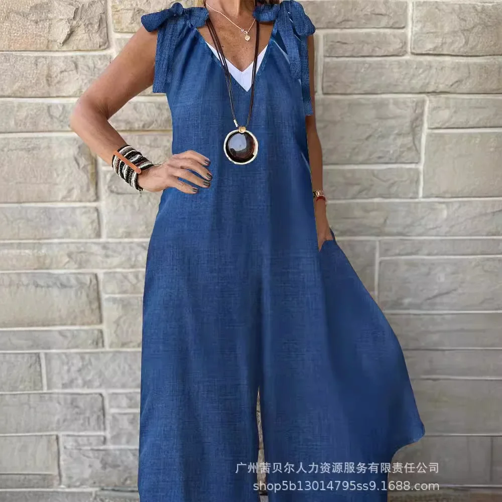 Women Printing Color Contrast V-neck Lace-up Wide Leg Jumpsuit Loose Pants Trousers Sleeveless