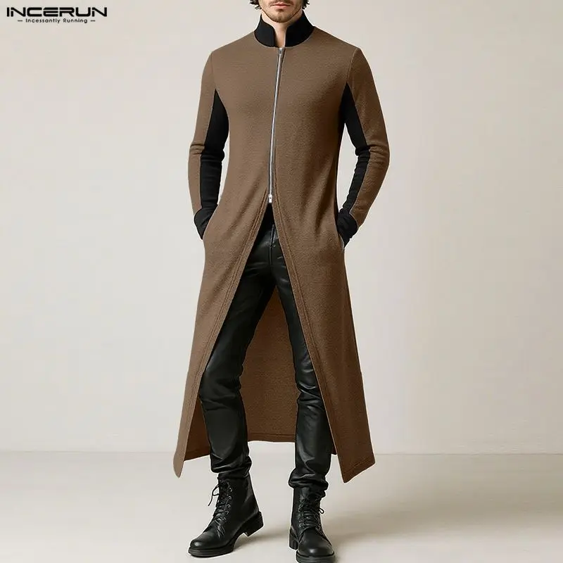 INCERUN الرجال نمط طويل خندق المرقعة الوقوف طوق كم طويل الذكور رقيقة معاطف الشارع الشهير سترة سستة ملابس خارجية الموضة #2