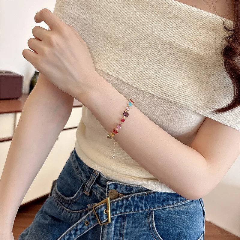 Luxury Colorful Cubic Zirconia Beaded Bracelet Candy Color Dopamine Hand Chain Women Party Jewelry Birthday Gift